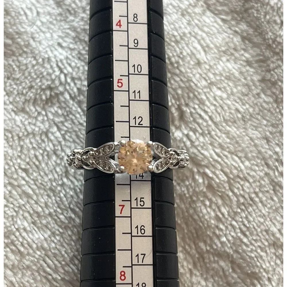 Orange Tint Round Cut Gemstone Silver Tone Ring - Sz 6 - Fashion Costume Jewelry - Picture 2 of 7